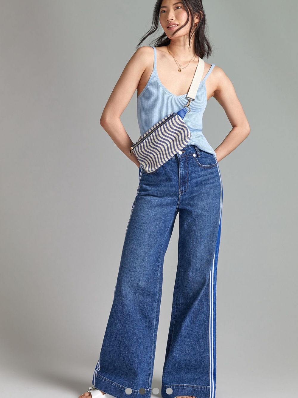 Anthropologie Blue Denim Wide-Leg Jeans with White and Blue Side Stripes - Picture 2 of 13
